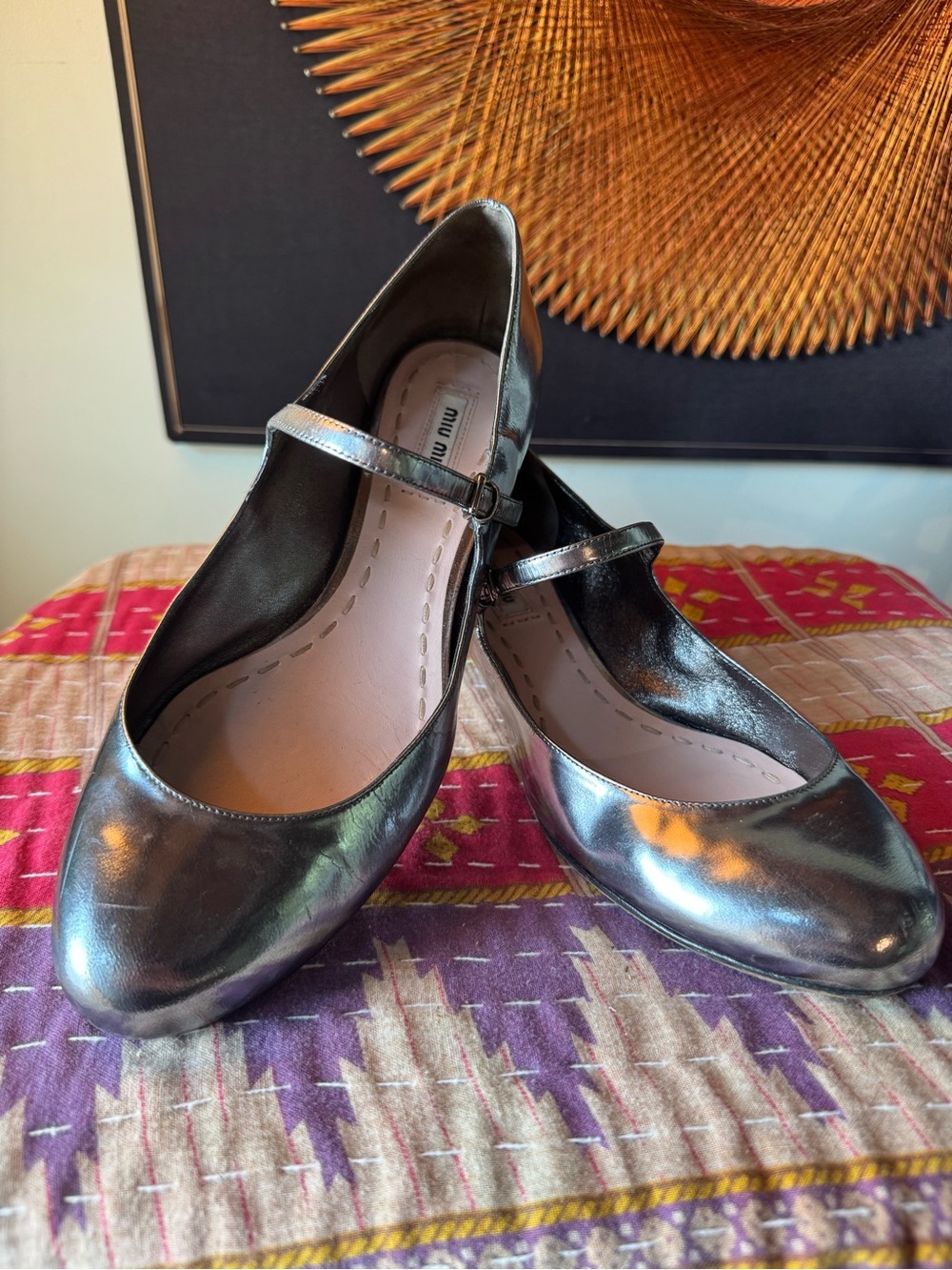 Miu Miu Metallic Silver Mary Jane Short Heel 38.5